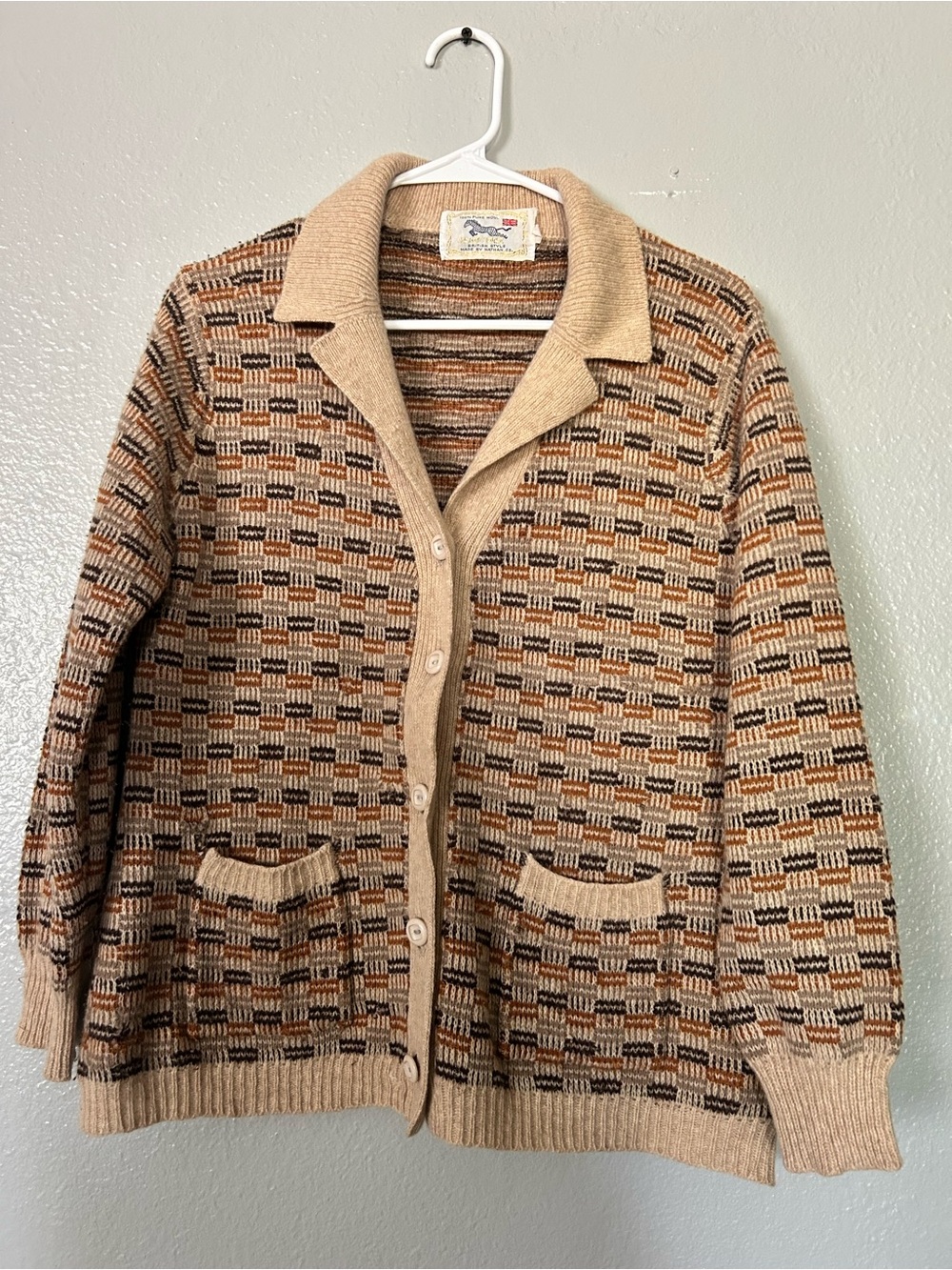 Vintage 70s 100% Wool Geometric Cardigan Golden Horse British Style - L